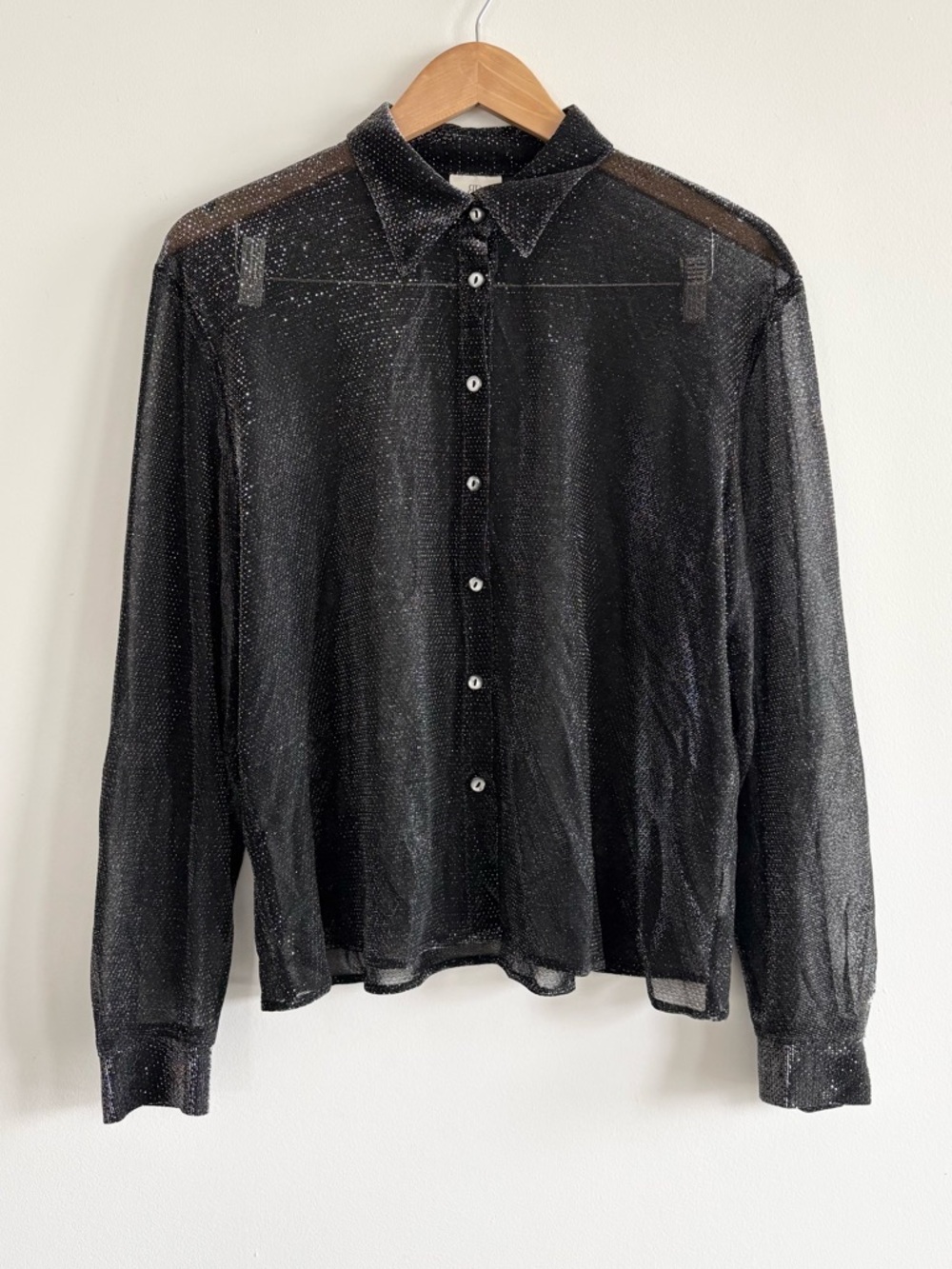 Vintage Y2K Sheer Mesh Metallic Glittered Button-Down Shirt - Picture 2 of 8